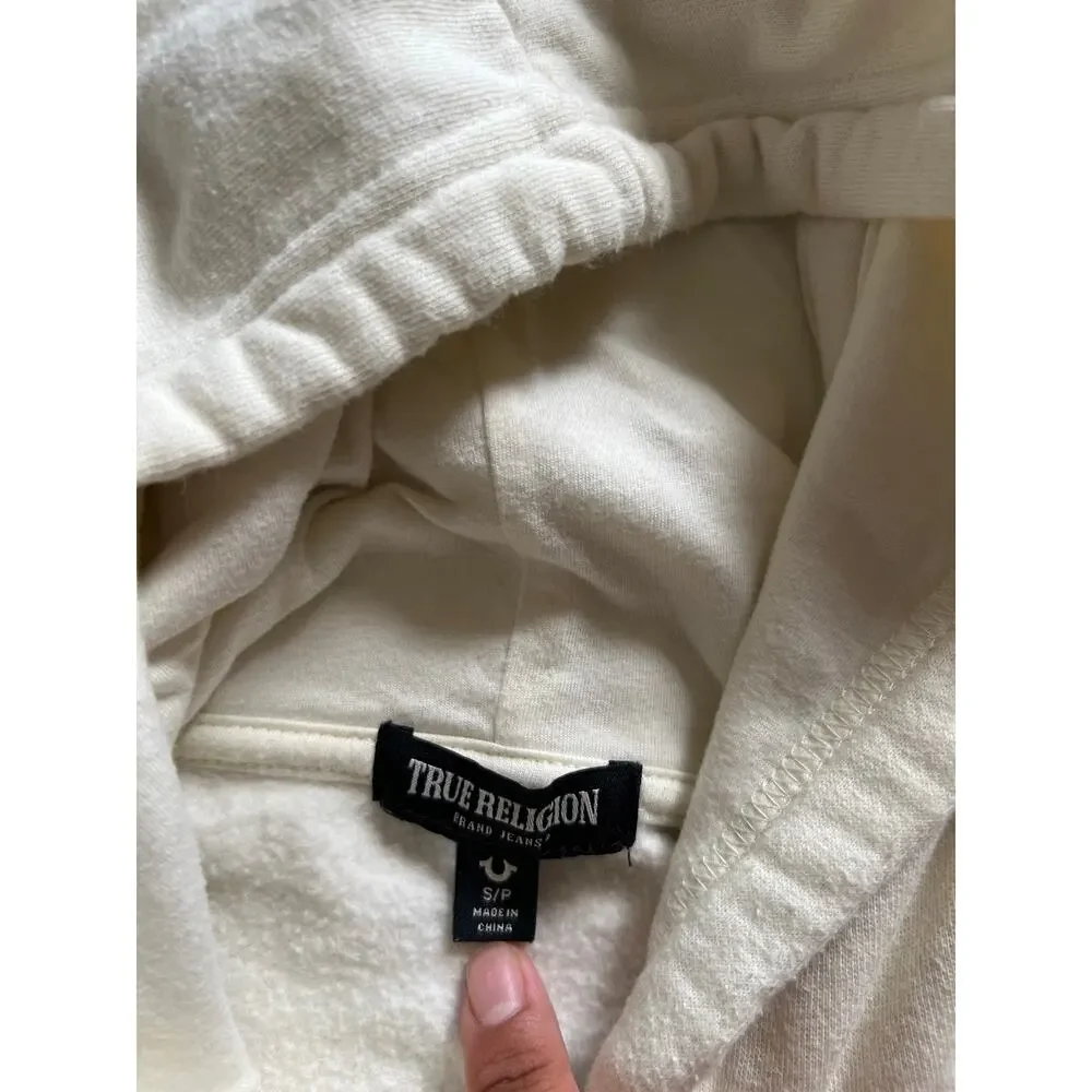 True Religion Y2K Buddha Hoodie Sweatshirt Small White Cotton Blend